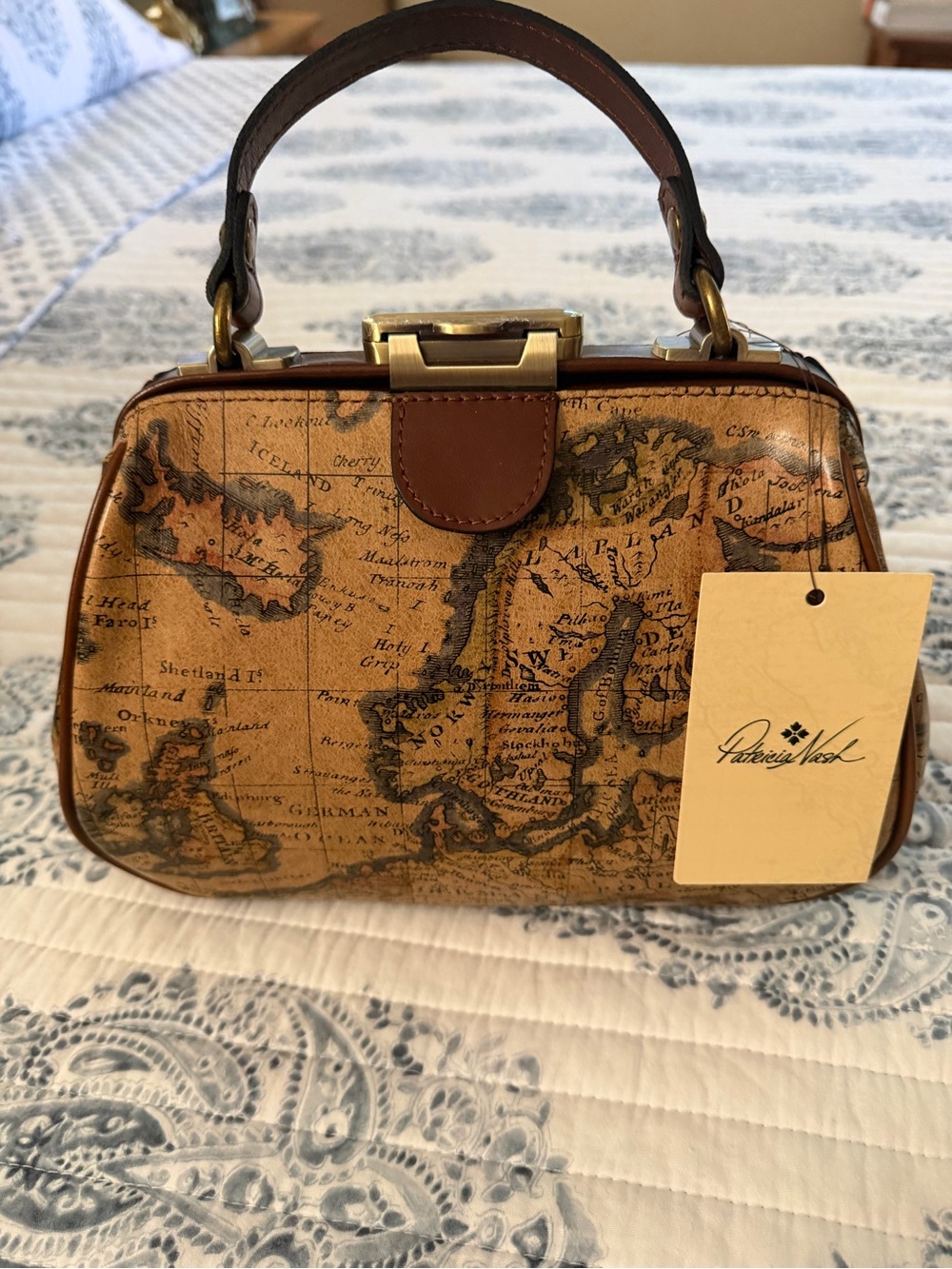 Patricia Nash Brown Tan Vintage Map Leather Top-Handle Bag